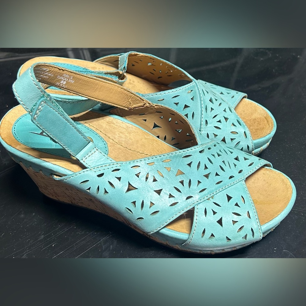 Earth Women’s Aries Cork Wedge Turquoise Blue Leather Peep Toe Shoes Size 8B